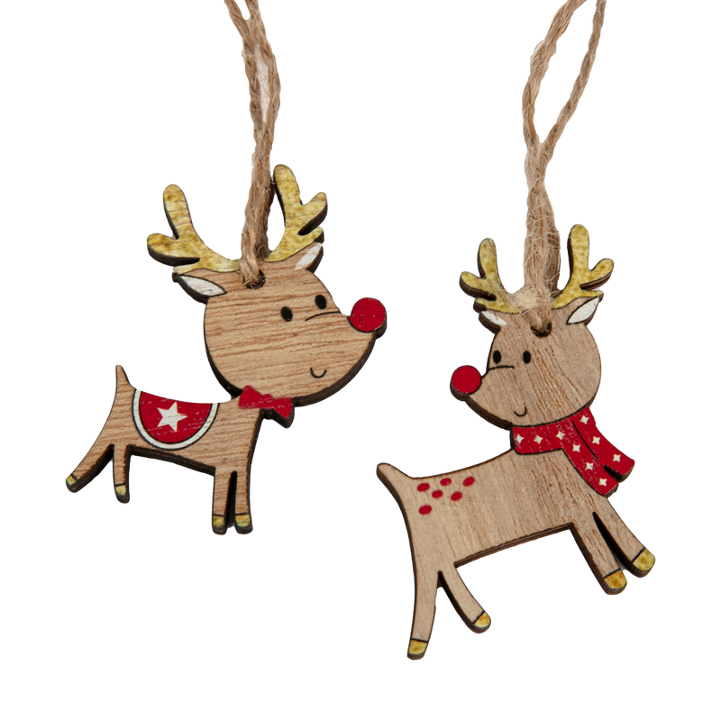 Rosy Brown Christmas Plywood Reindeer Hanging Decorations in Wooden Box (8 Piece) Christmas