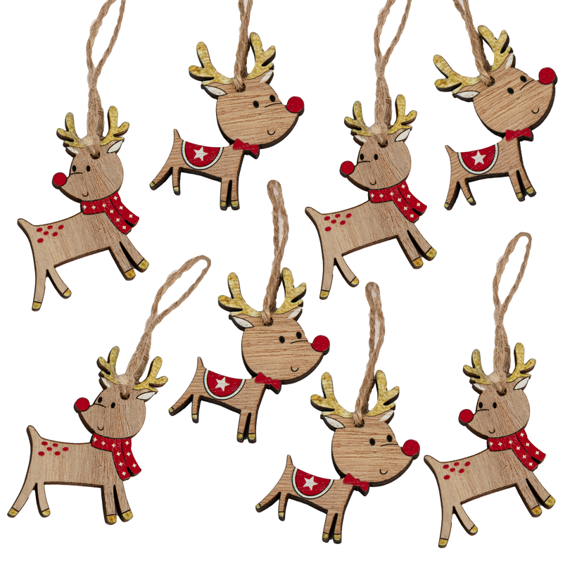 Rosy Brown Christmas Plywood Reindeer Hanging Decorations in Wooden Box (8 Piece) Christmas