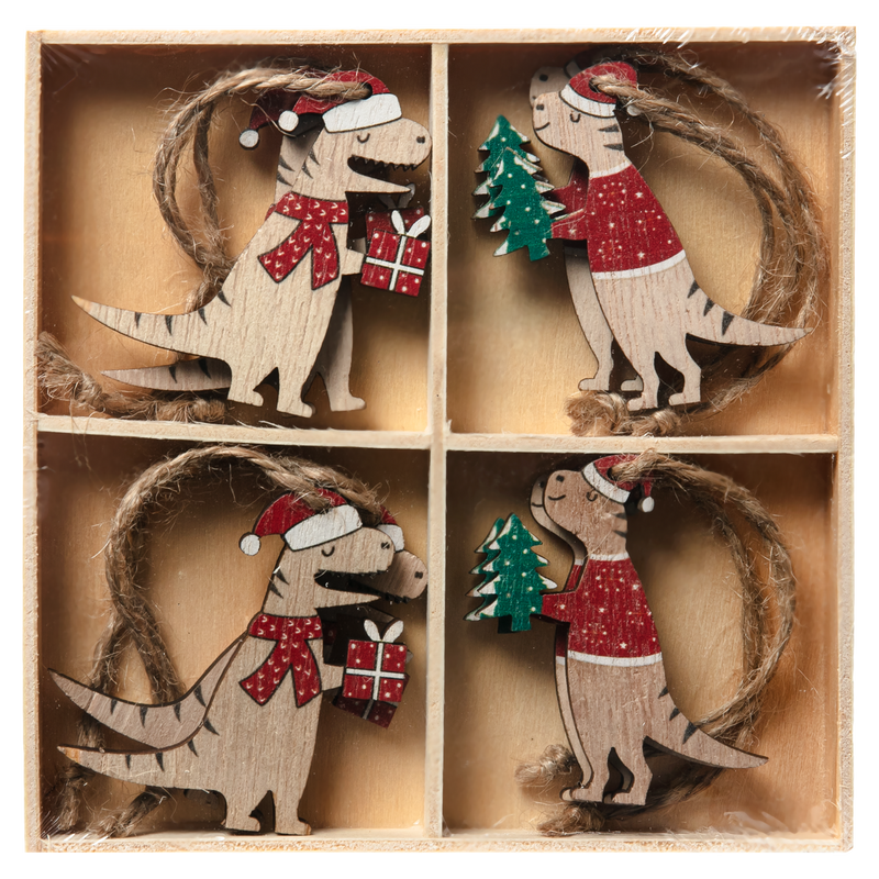 Rosy Brown Christmas Plywood Dinosaur Hanging Decorations in Wooden Box (8 Piece) Christmas