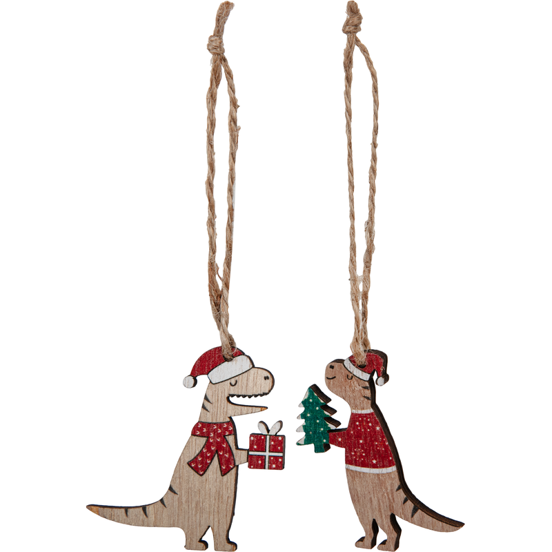 Rosy Brown Christmas Plywood Dinosaur Hanging Decorations in Wooden Box (8 Piece) Christmas