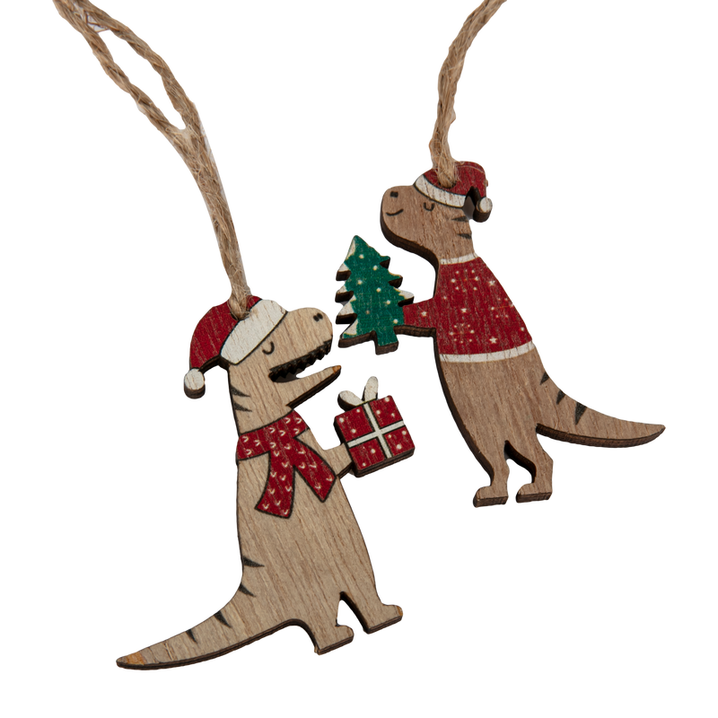Dim Gray Christmas Plywood Dinosaur Hanging Decorations in Wooden Box (8 Piece) Christmas