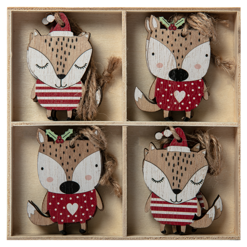 Dim Gray Christmas Plywood Funky Fox Decorations in Wooden Box (8 Piece) Christmas