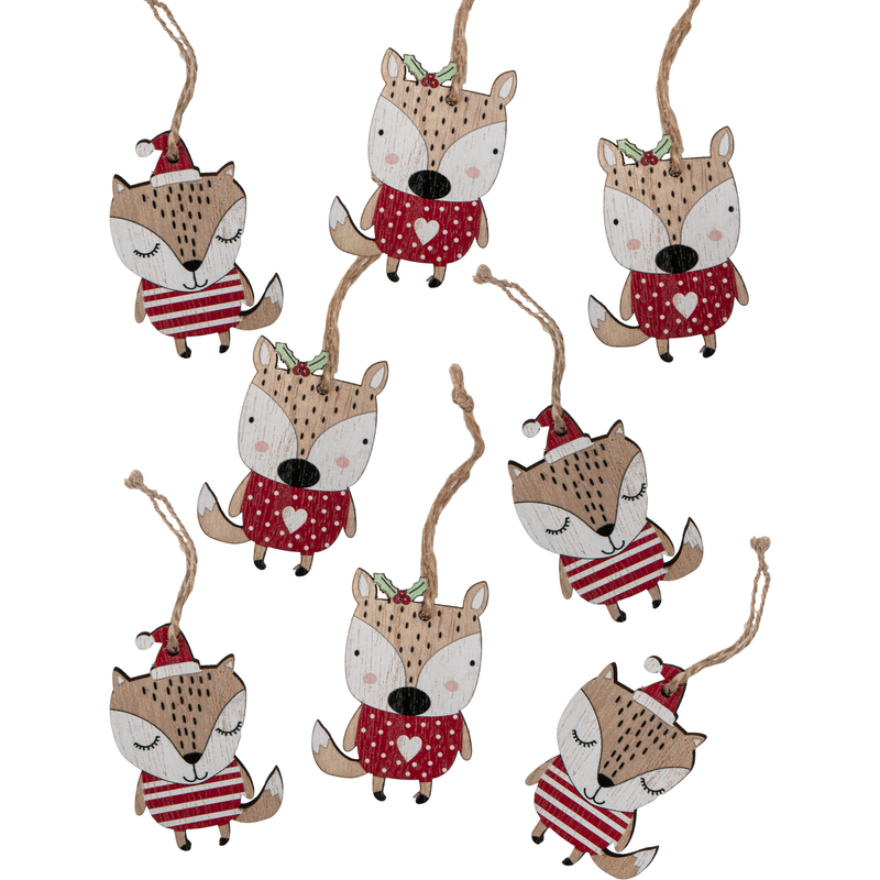 Dark Gray Christmas Plywood Funky Fox Decorations in Wooden Box (8 Piece) Christmas