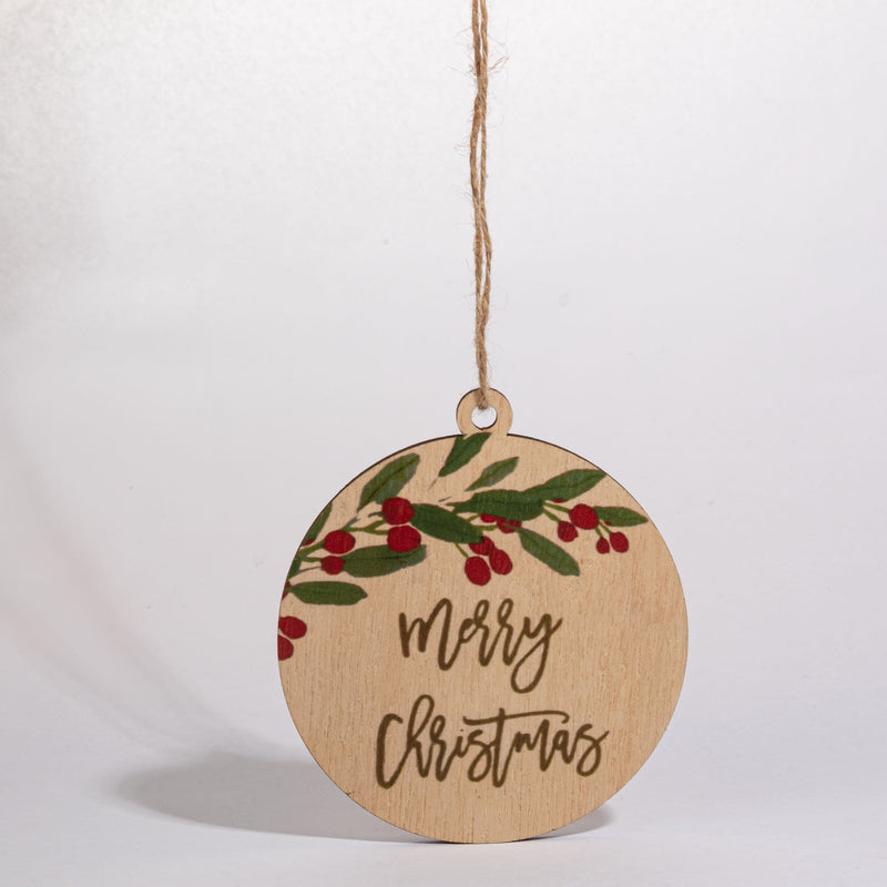 Light Gray Christmas Plywood Merry Christmas Printed Round Bauble 11x10x0.5cm Christmas