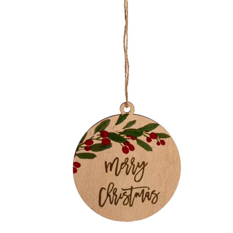 Rosy Brown Christmas Plywood Merry Christmas Printed Round Bauble 11x10x0.5cm Christmas