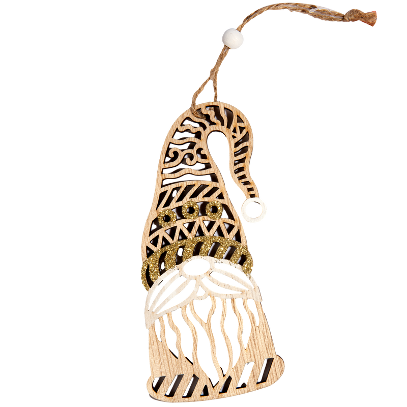 Tan Christmas Plywood Sitting  Gnome Hanging Decoration with Glitter 14x7.5x0.5cm Christmas