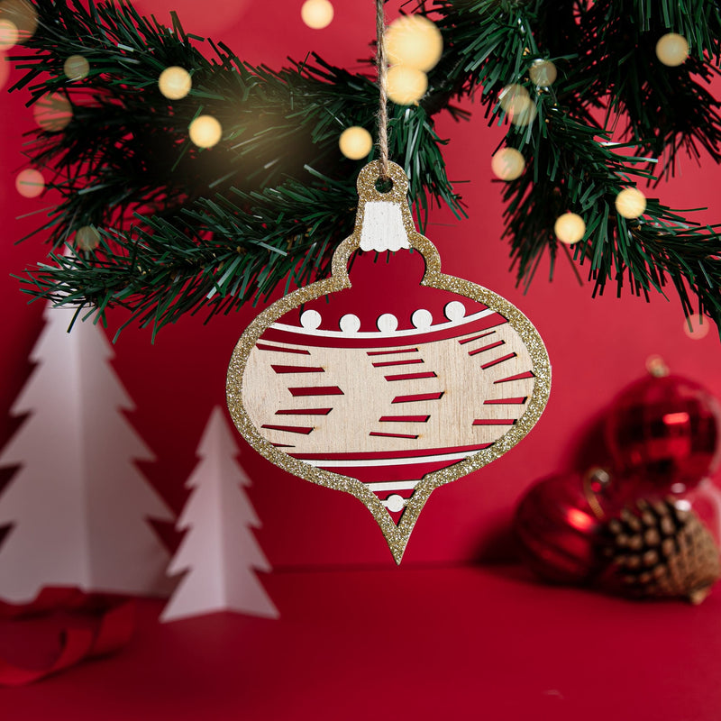 Brown Christmas Plywood Onion Shaped Bauble Hanging Decoration with Glitter 13x16x0.5cm Christmas