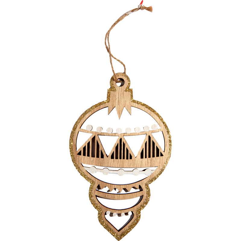 Tan Christmas Plywood Bulb Shaped Bauble Hanging Decoration with Glitter 13x16x0.5cm Christmas