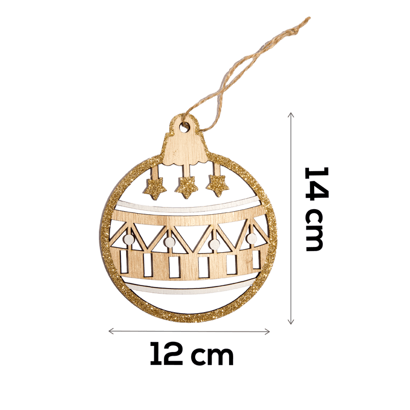 Wheat Christmas Plywood Ball Shaped Bauble Hanging Decoration with Glitter 12x14x0.5cm Christmas