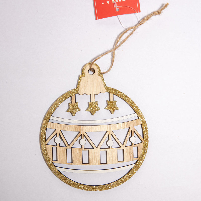 Antique White Christmas Plywood Ball Shaped Bauble Hanging Decoration with Glitter 12x14x0.5cm Christmas