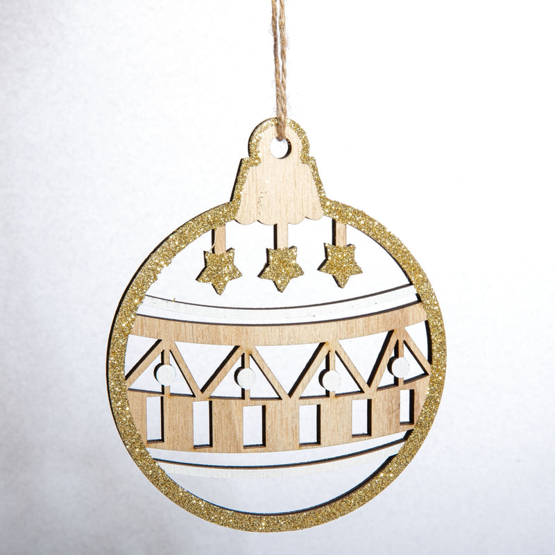 Light Gray Christmas Plywood Ball Shaped Bauble Hanging Decoration with Glitter 12x14x0.5cm Christmas