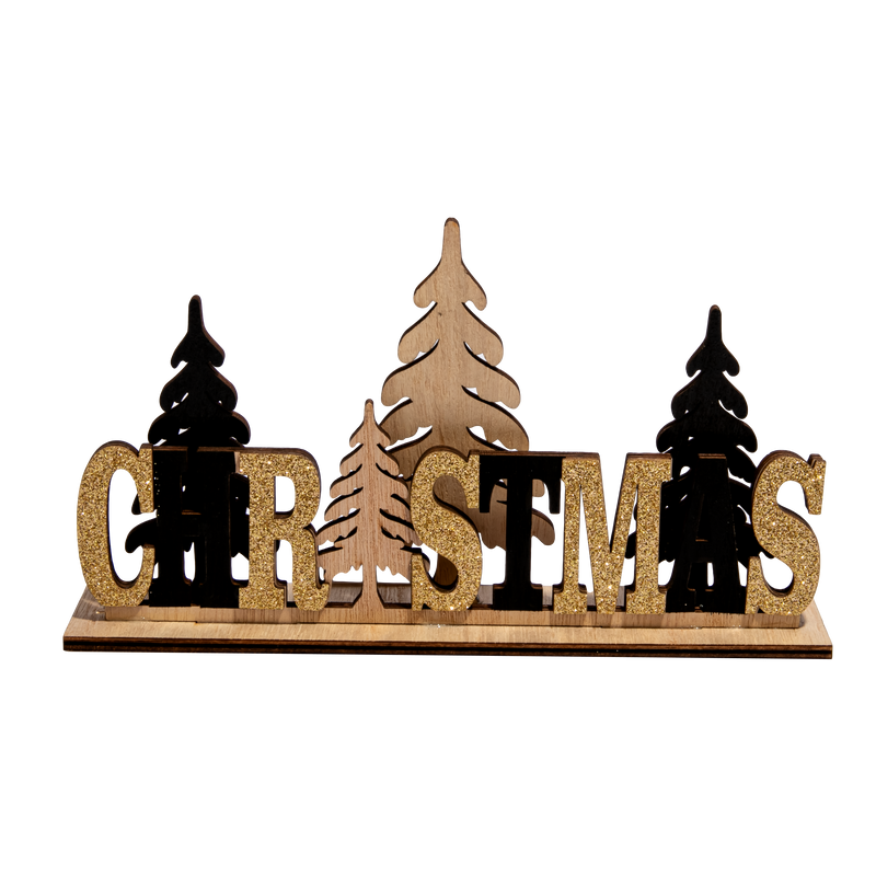 Black Christmas Plywood Standing Decoration with Glitter 22.5x12.5x4cm Christmas