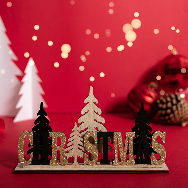 Firebrick Christmas Plywood Standing Decoration with Glitter 22.5x12.5x4cm Christmas