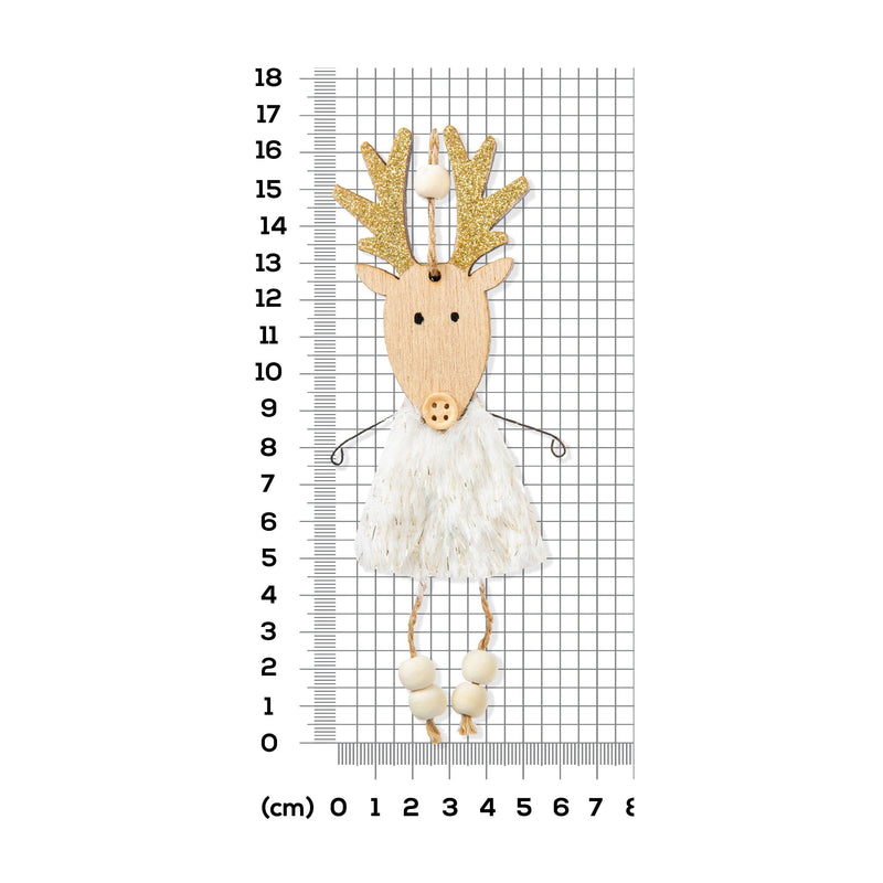 Gray Christmas Plywood Hanging Reindeer with Fluffy Dress and Glitter Antlers 17x6x1cm Christmas