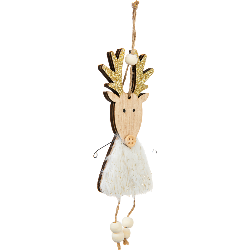 Light Gray Christmas Plywood Hanging Reindeer with Fluffy Dress and Glitter Antlers 17x6x1cm Christmas
