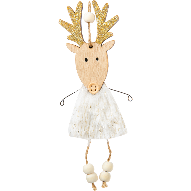 Antique White Christmas Plywood Hanging Reindeer with Fluffy Dress and Glitter Antlers 17x6x1cm Christmas