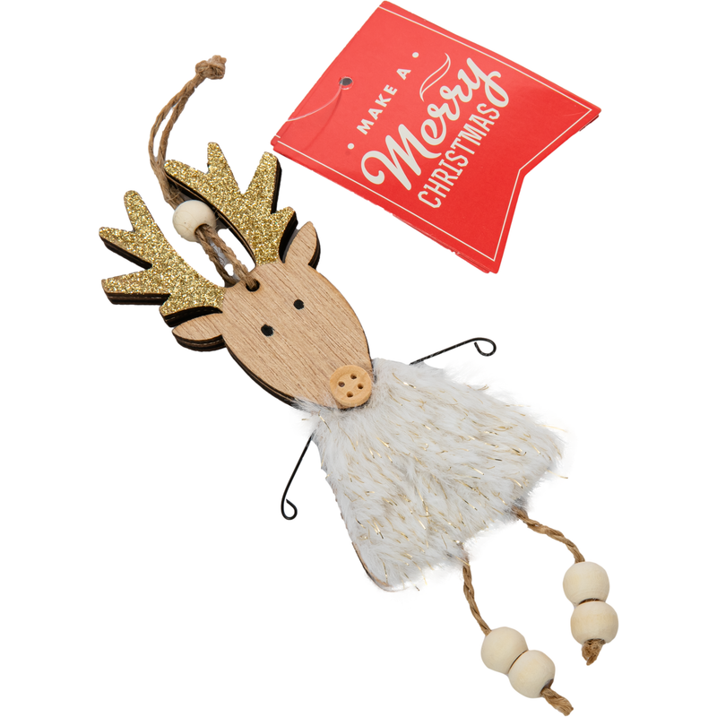 Tan Christmas Plywood Hanging Reindeer with Fluffy Dress and Glitter Antlers 17x6x1cm Christmas