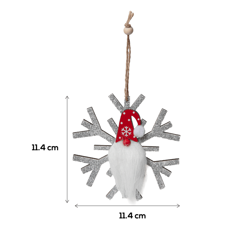 Gray Christmas Plywood Hanging Glitter Snowflake with Gnome Silver 11.5x11.5x1cm Christmas