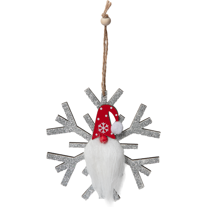 Gray Christmas Plywood Hanging Glitter Snowflake with Gnome Silver 11.5x11.5x1cm Christmas