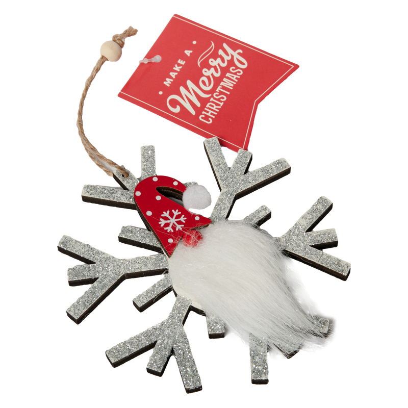 Gray Christmas Plywood Hanging Glitter Snowflake with Gnome Silver 11.5x11.5x1cm Christmas