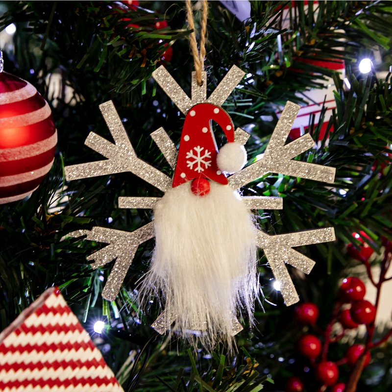 Black Christmas Plywood Hanging Glitter Snowflake with Gnome Silver 11.5x11.5x1cm Christmas