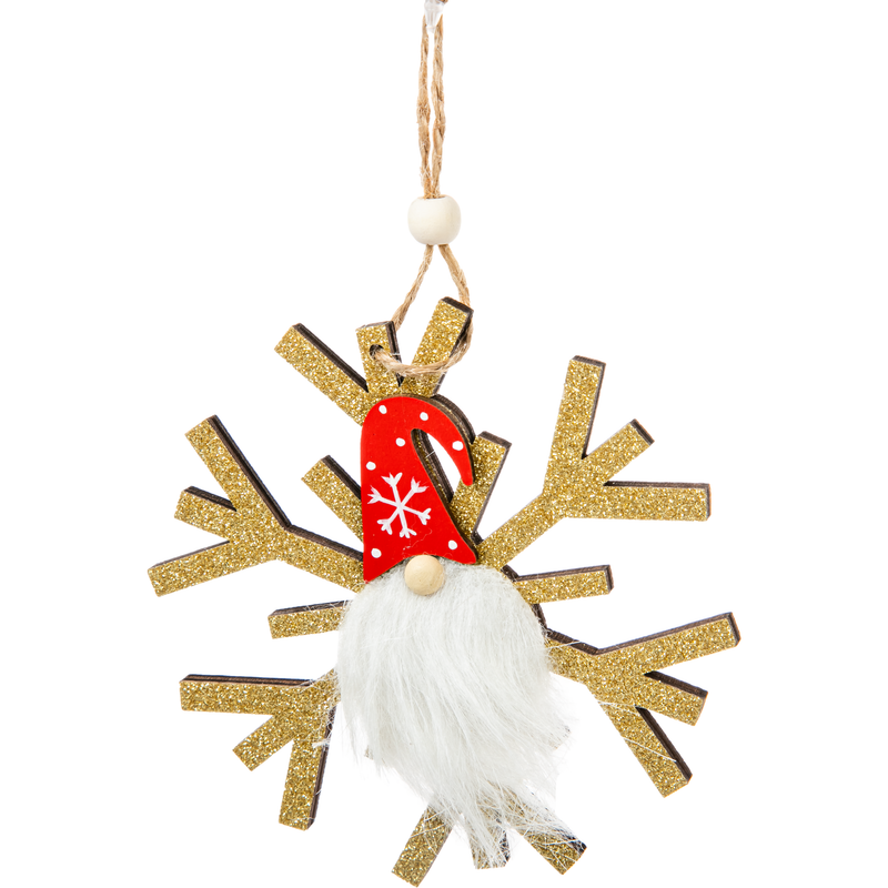 Antique White Christmas Plywood Hanging Glitter Snowflake with Gnome-Gold 11.5x11.5x1cm Christmas