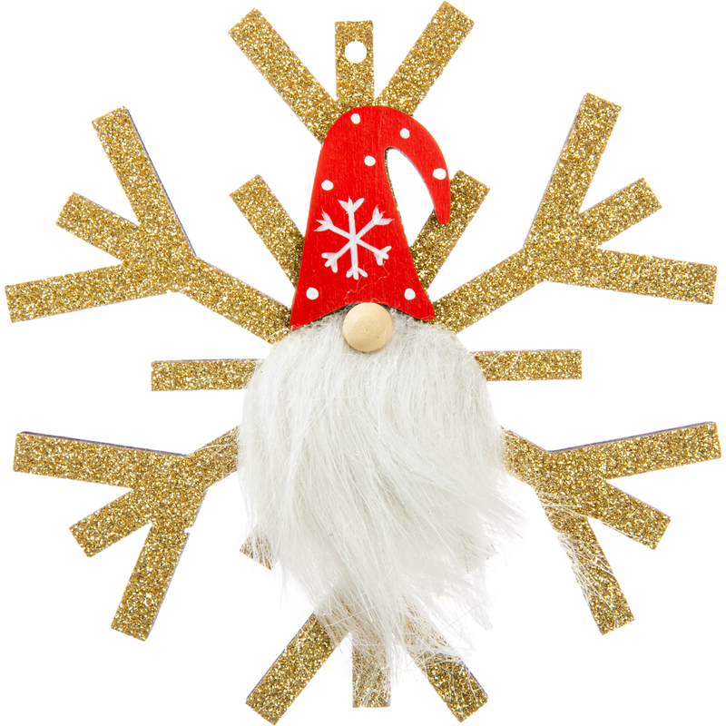 Light Gray Christmas Plywood Hanging Glitter Snowflake with Gnome-Gold 11.5x11.5x1cm Christmas