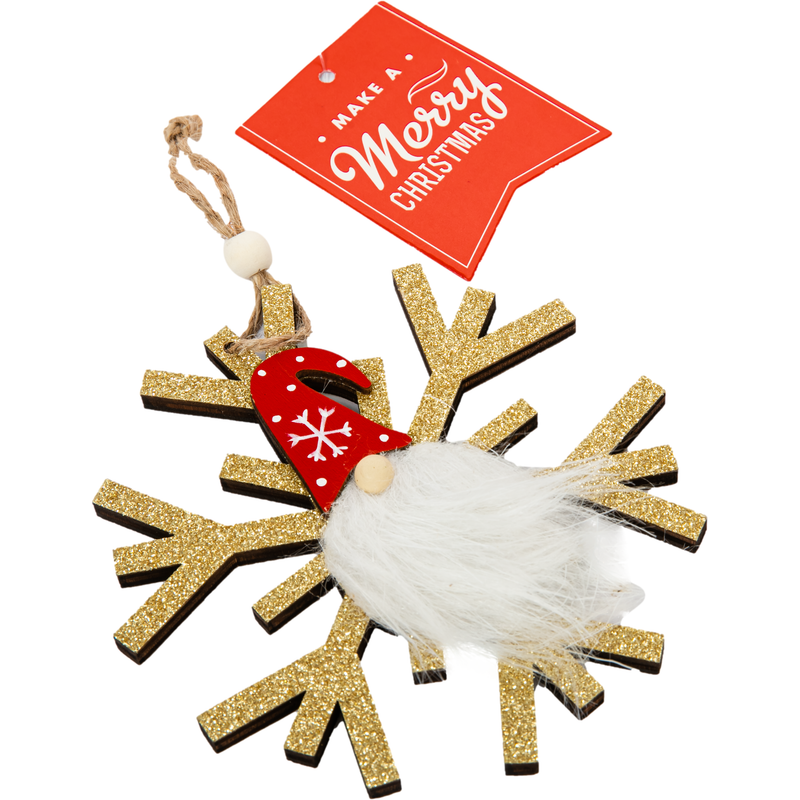 Wheat Christmas Plywood Hanging Glitter Snowflake with Gnome-Gold 11.5x11.5x1cm Christmas