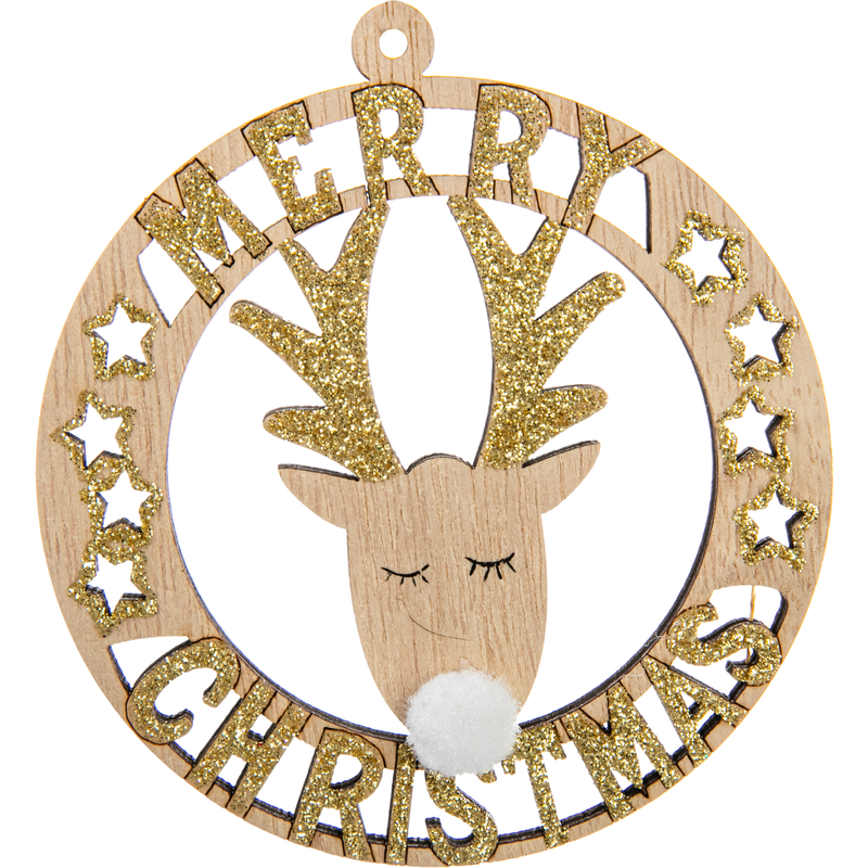 Tan Christmas Plywood Hanging Wreath Decoration with Glitter Reindeer 1x0.9x1cm Christmas