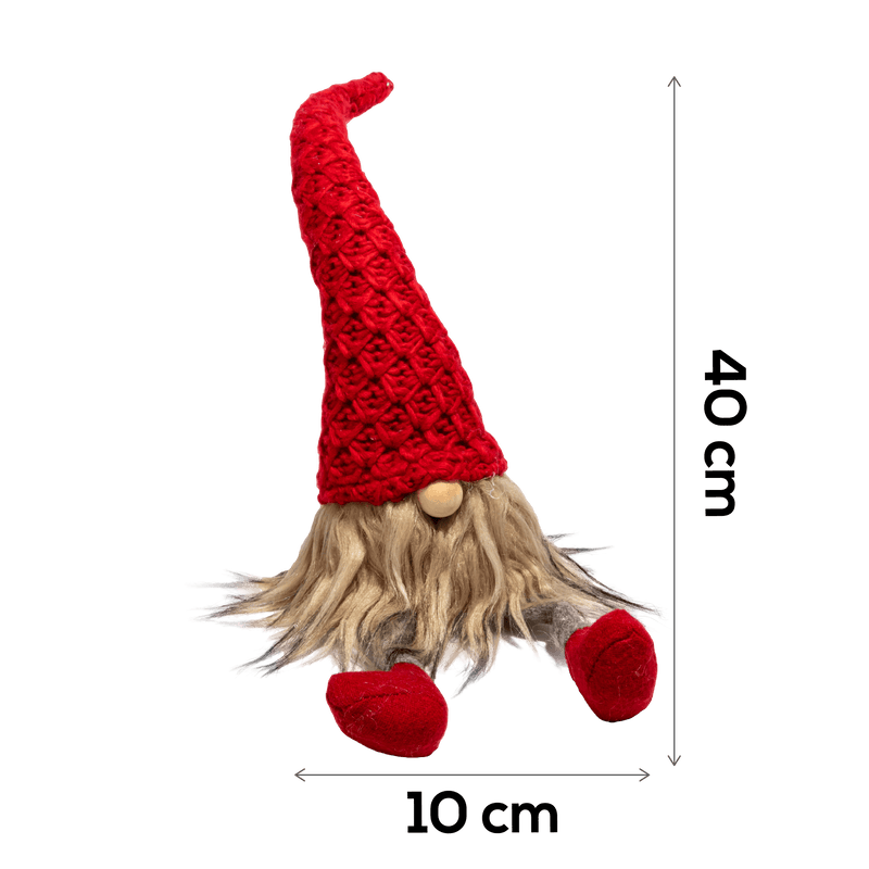 Brown Christmas Sitting Gnome with Hanging Legs and Knitted Red Hat 40x10cm Christmas