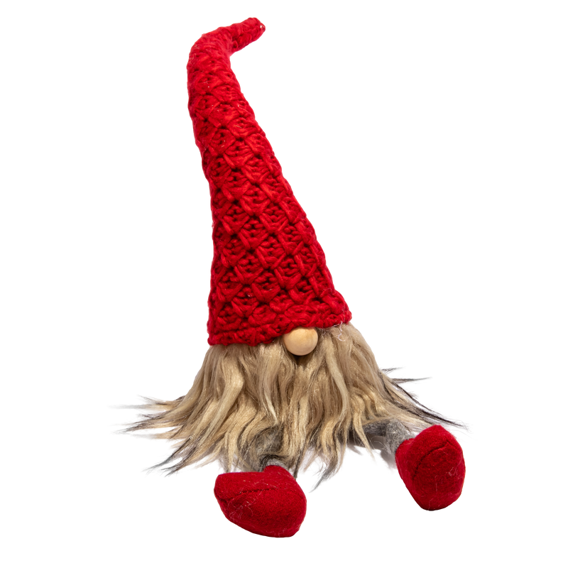 Brown Christmas Sitting Gnome with Hanging Legs and Knitted Red Hat 40x10cm Christmas