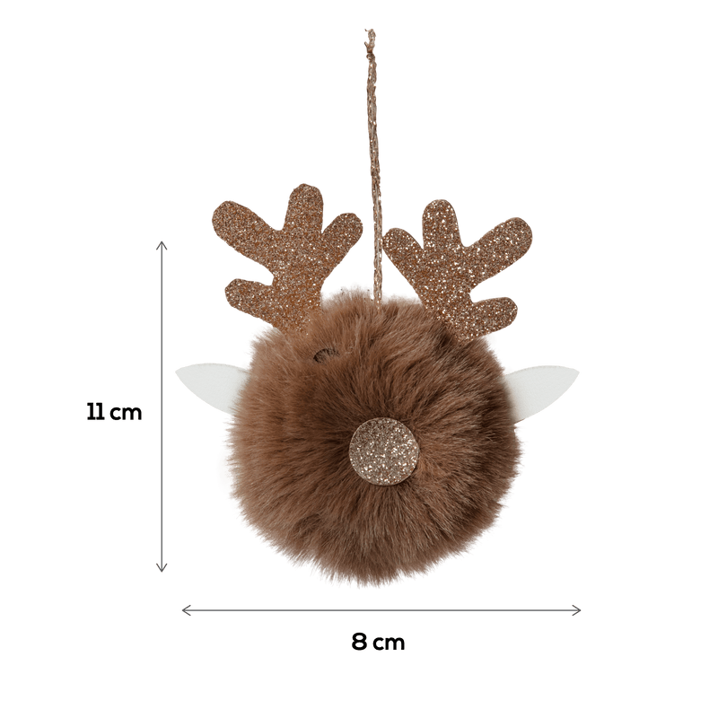 Dark Olive Green Christmas Hanging Fur Pom Pom Reindeer with Glitter Antlers-Light Brown 10 x 11.5cm Christmas