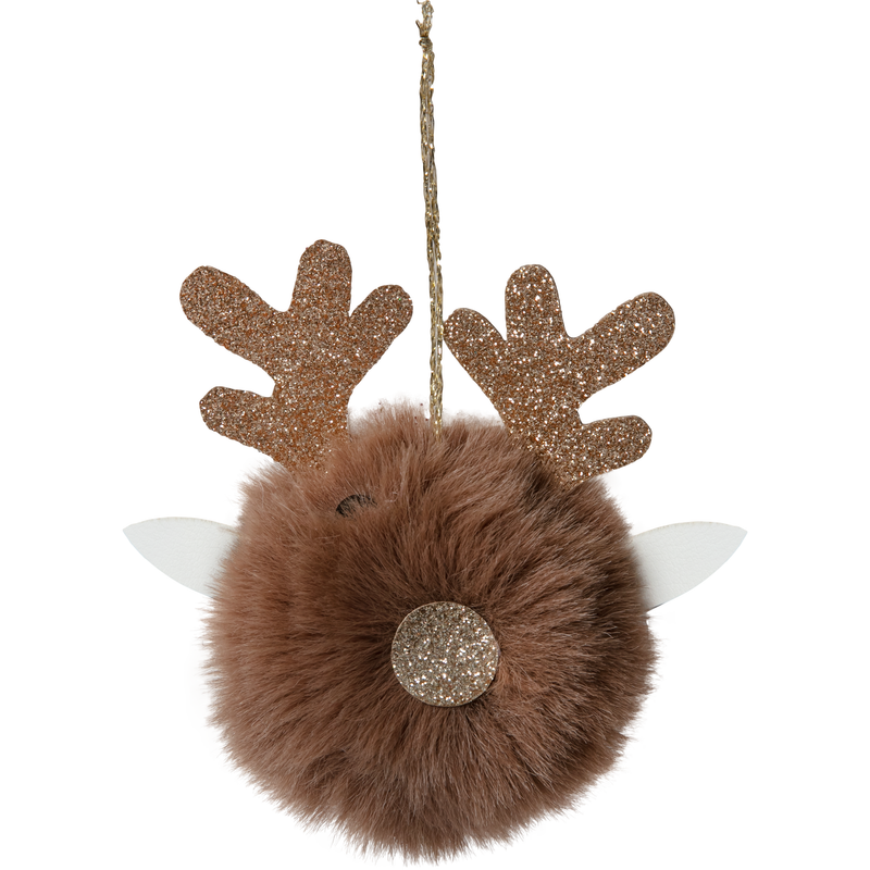 Dark Olive Green Christmas Hanging Fur Pom Pom Reindeer with Glitter Antlers-Light Brown 10 x 11.5cm Christmas