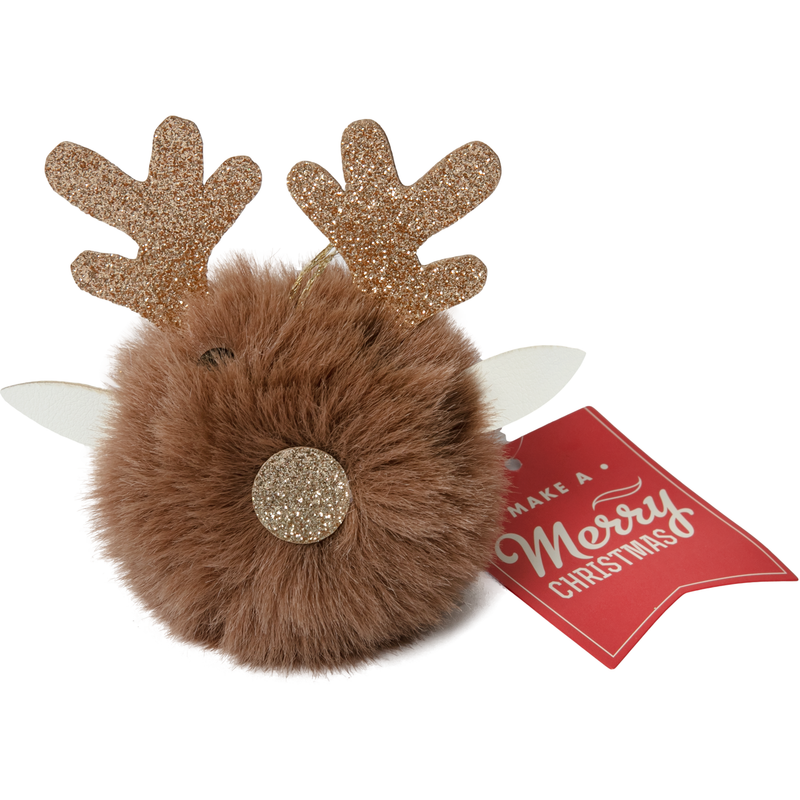 Sienna Christmas Hanging Fur Pom Pom Reindeer with Glitter Antlers-Light Brown 10 x 11.5cm Christmas