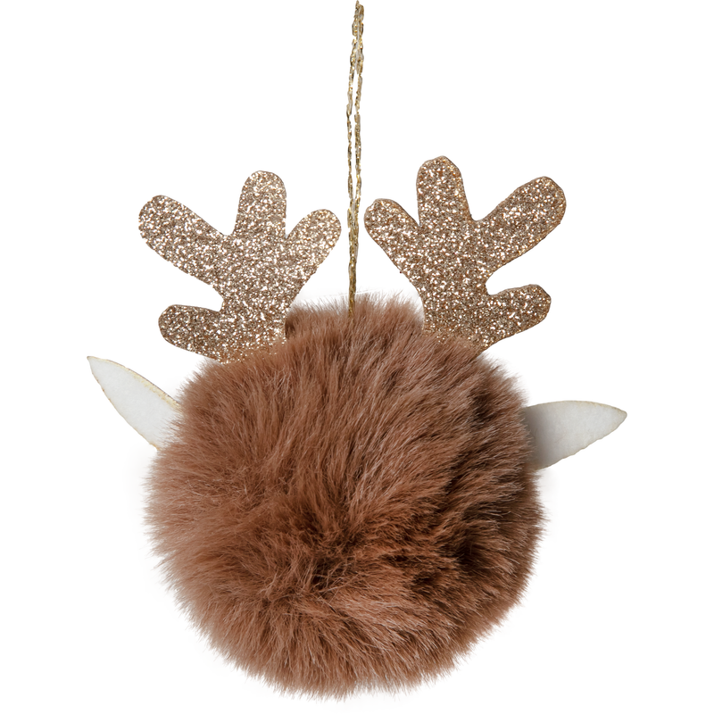 Sienna Christmas Hanging Fur Pom Pom Reindeer with Glitter Antlers-Light Brown 10 x 11.5cm Christmas