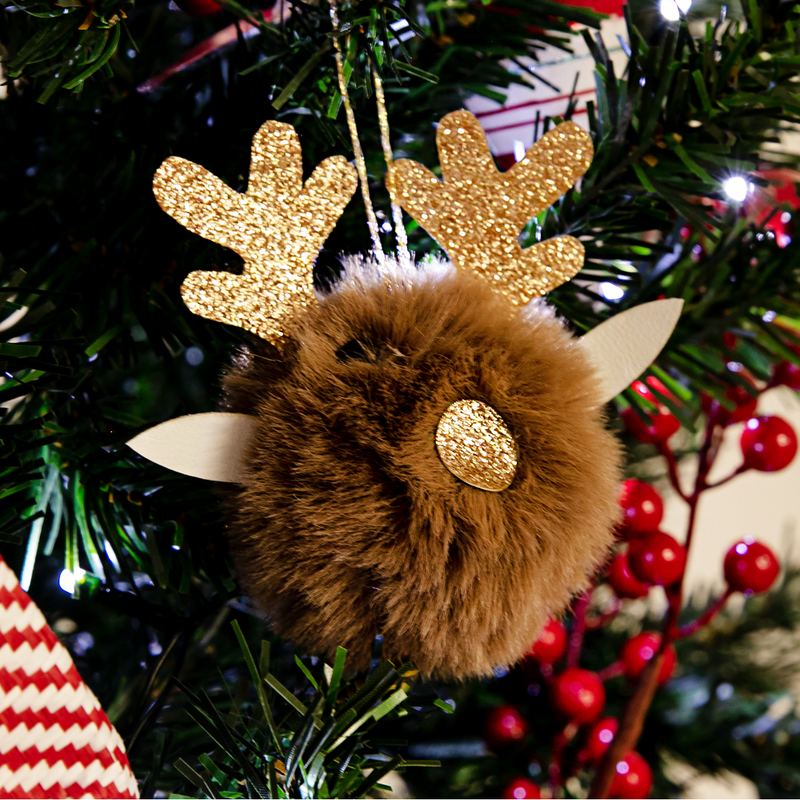 Rosy Brown Christmas Hanging Fur Pom Pom Reindeer with Glitter Antlers-Light Brown 10 x 11.5cm Christmas