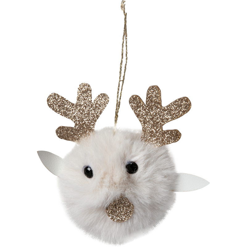 Gray Christmas Hanging Fur Pom Pom Reindeer with Glitter Antlers-Cream 10x11.5cm Christmas