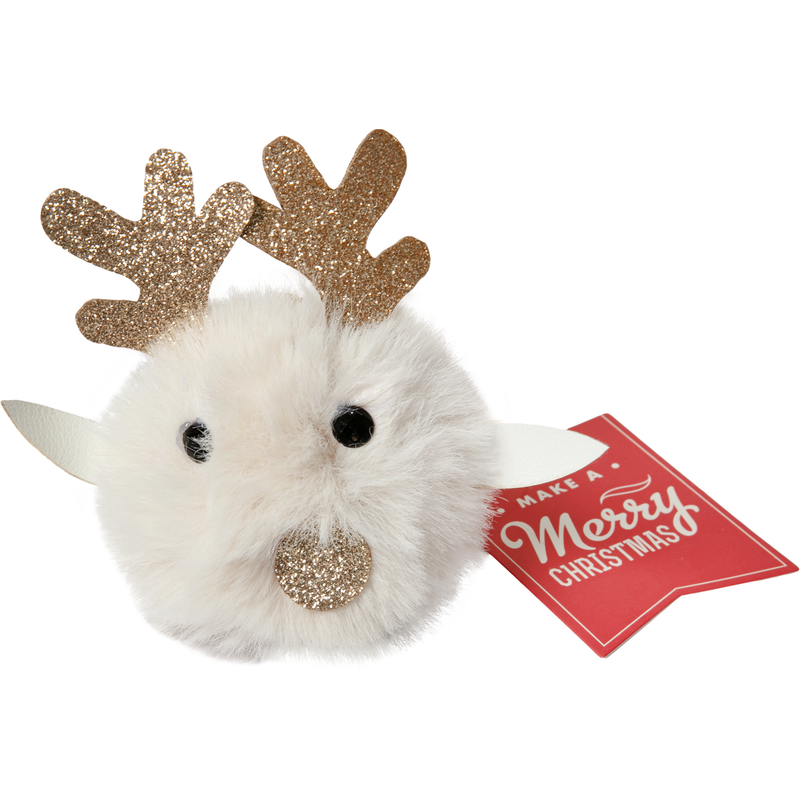 Light Gray Christmas Hanging Fur Pom Pom Reindeer with Glitter Antlers-Cream 10x11.5cm Christmas