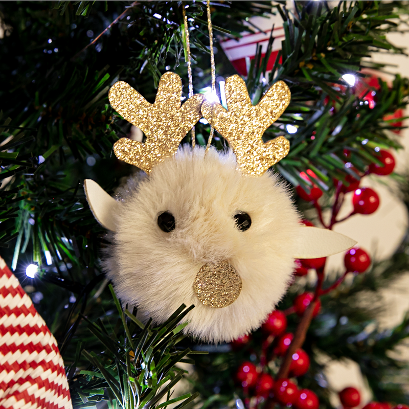 Black Christmas Hanging Fur Pom Pom Reindeer with Glitter Antlers-Cream 10x11.5cm Christmas