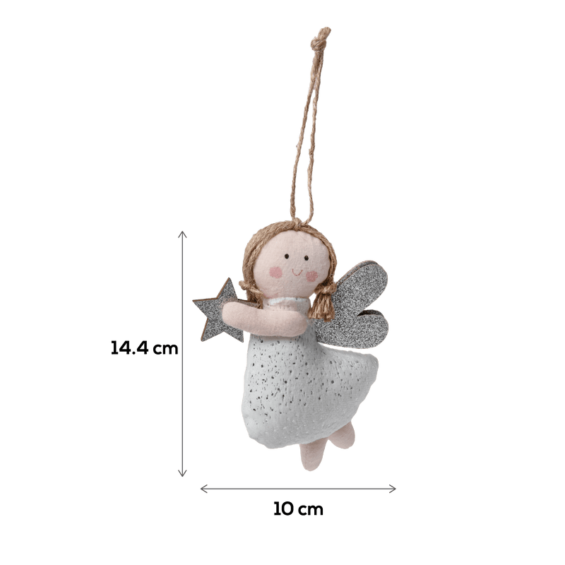 Dark Gray Christmas Hanging Angel Decoration White with Silver Glitter Wings and Star 14x11cm Christmas