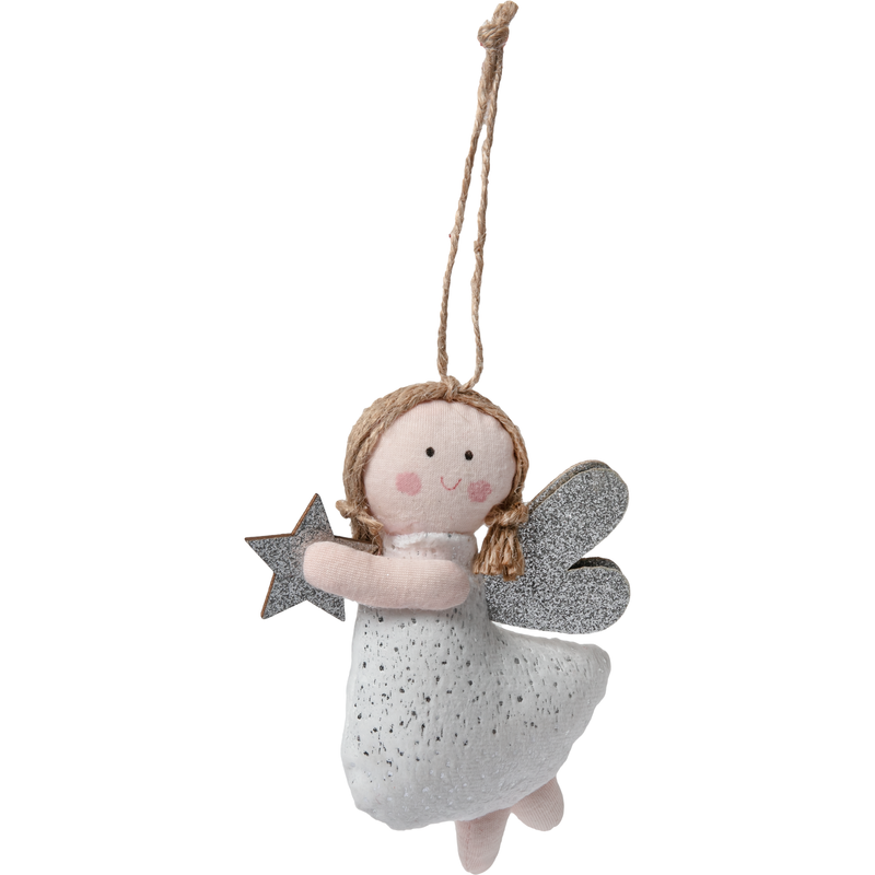 Dark Gray Christmas Hanging Angel Decoration White with Silver Glitter Wings and Star 14x11cm Christmas