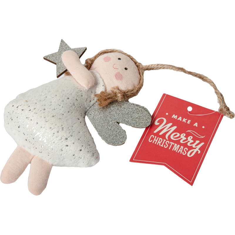 Gray Christmas Hanging Angel Decoration White with Silver Glitter Wings and Star 14x11cm Christmas