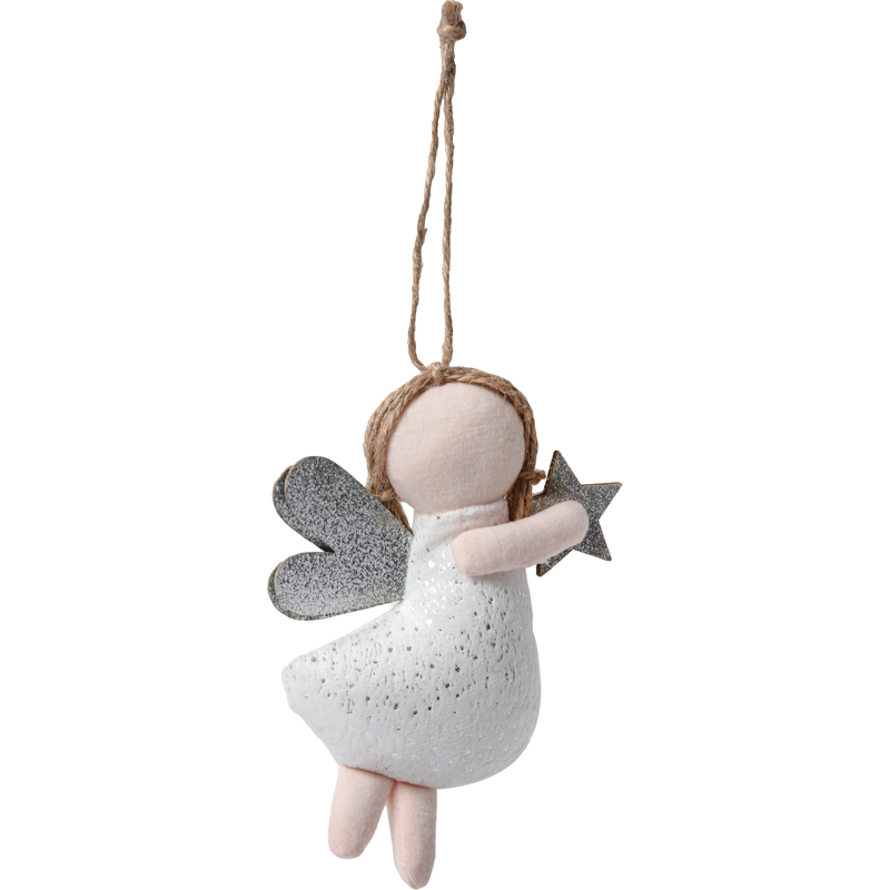 Gray Christmas Hanging Angel Decoration White with Silver Glitter Wings and Star 14x11cm Christmas