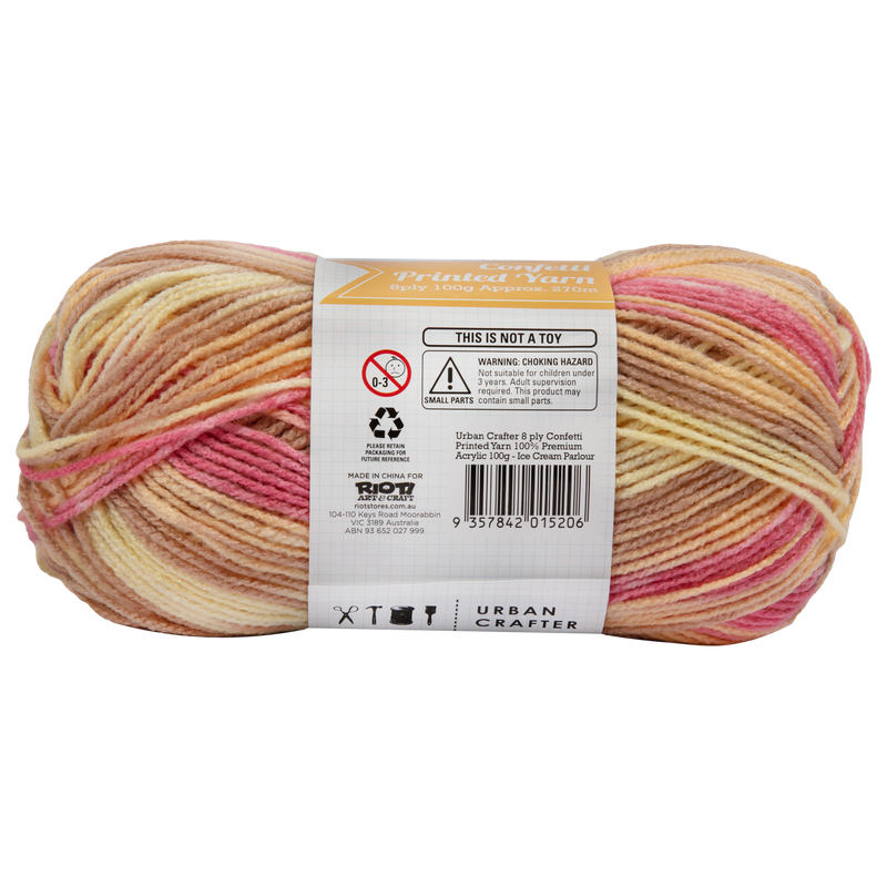 Rosy Brown Urban Crafter Confetti Printed Yarn 100% Premium Acrylic-Ice Cream Parlour 8ply, 100g Knitting and Crochet Yarn