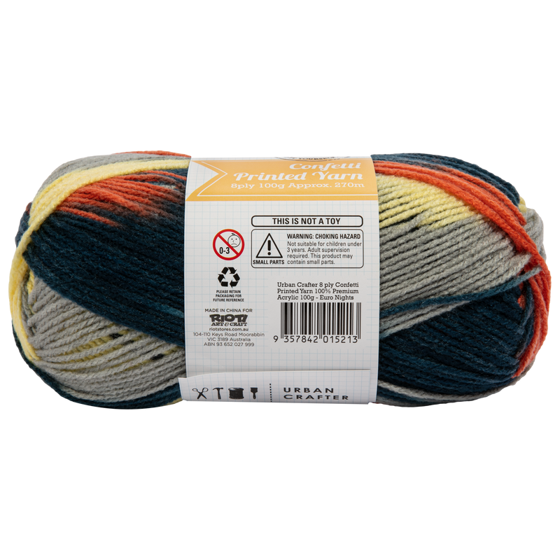 Gray Urban Crafter Confetti Printed Yarn 100% Premium Acrylic 100g 8ply- Euro Nights Knitting and Crochet Yarn