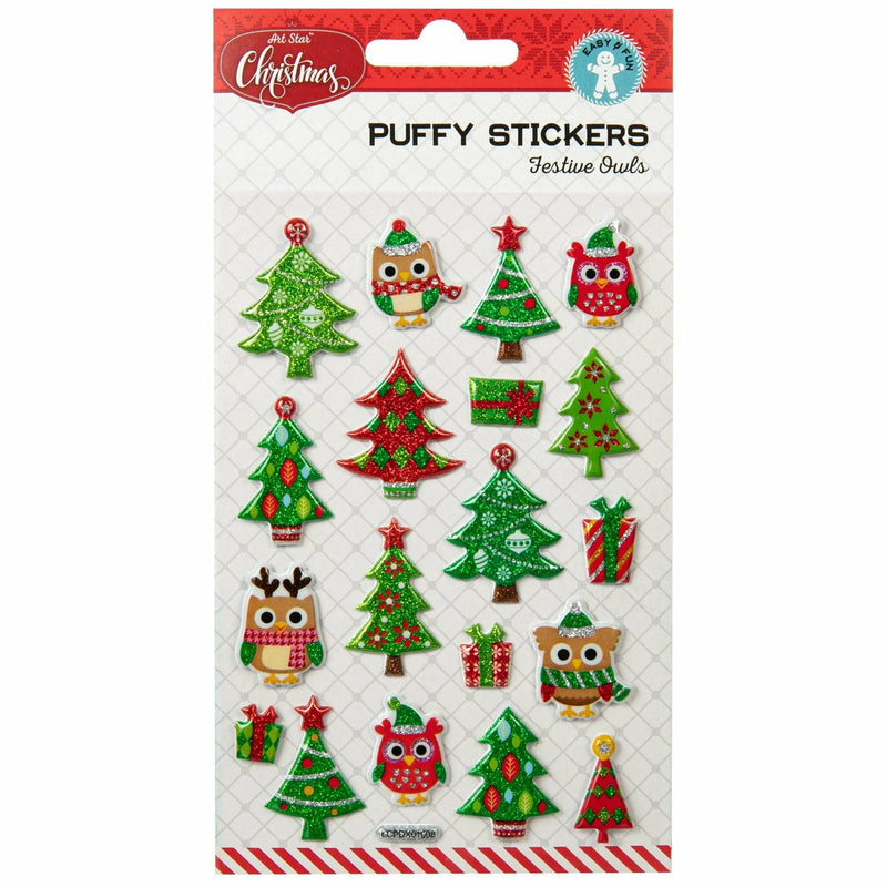 Light Gray Art Star Christmas Puffy Stickers 190 x 105mm Festive Owls Christmas