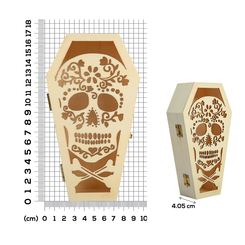 Gray Art Star Halloween Plywood Sugar Skull Coffin 9.4 x 4.4 x 17.3cm Halloween