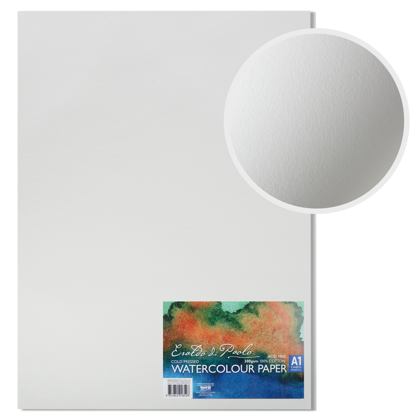 Light Gray Eraldo di Paolo 100% Cotton Cold Press Watercolour Paper 300gsm Pack of 5 A1 Sheets (594x841mm) Watercolour Paper