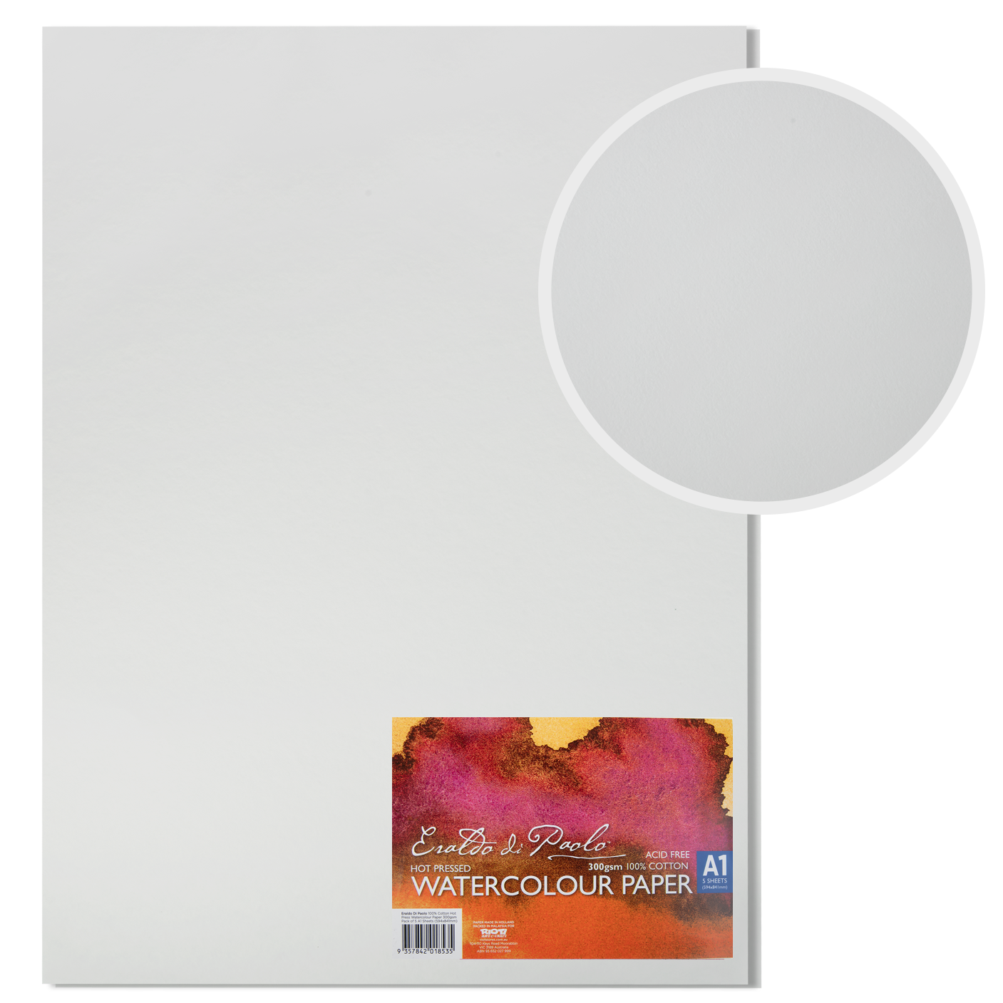 Light Gray Eraldo di Paolo 100% Cotton Hot Press Watercolour Paper 300gsm Pack of 5 A1 Sheets (594x841mm) Watercolour Paper