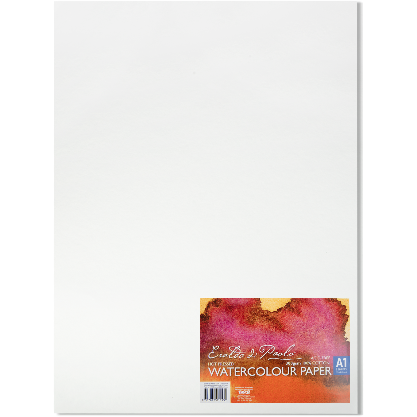 White Smoke Eraldo di Paolo 100% Cotton Hot Press Watercolour Paper 300gsm Pack of 5 A1 Sheets (594x841mm) Watercolour Paper